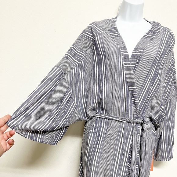 Dex Plus Womens Indigo Striped Printed Bohemian Chiffon Kimono Robe Size 1X - Picture 4 of 8